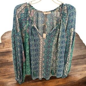 lovestitch Teal Blue Green Paisley Boho Blouse